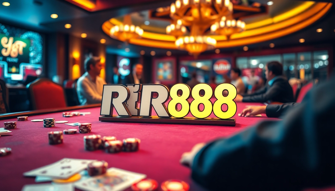 Engaging casino scene with RR88 logo, poker table, and vibrant chips highlighting online gaming excitement.