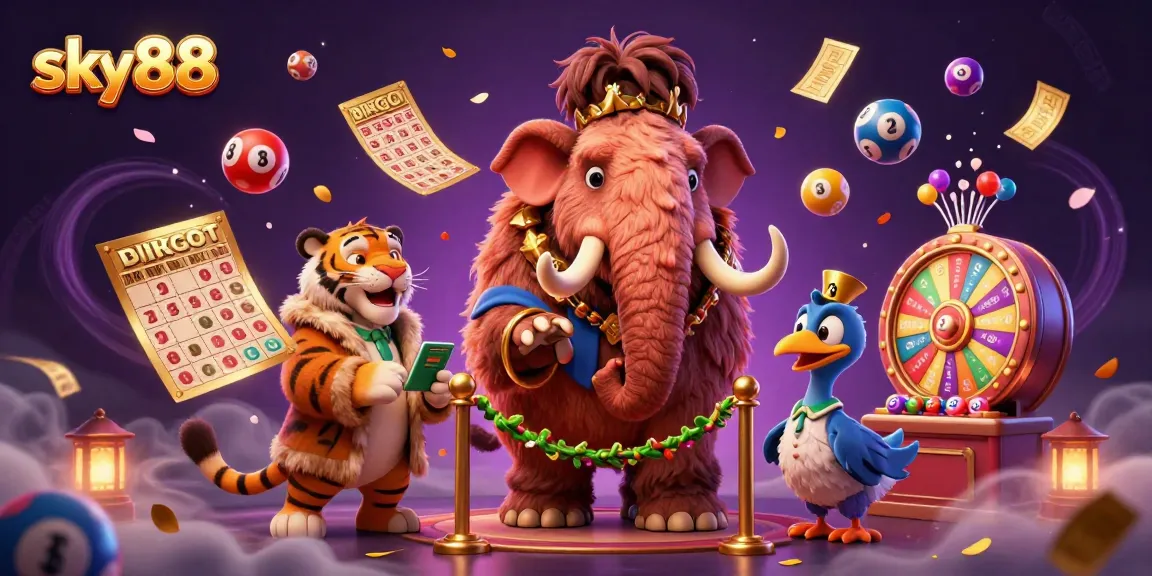 Engage with exciting games at sky88, featuring a vibrant 3D casino atmosphere with interactive characters and dynamic lottery elements.