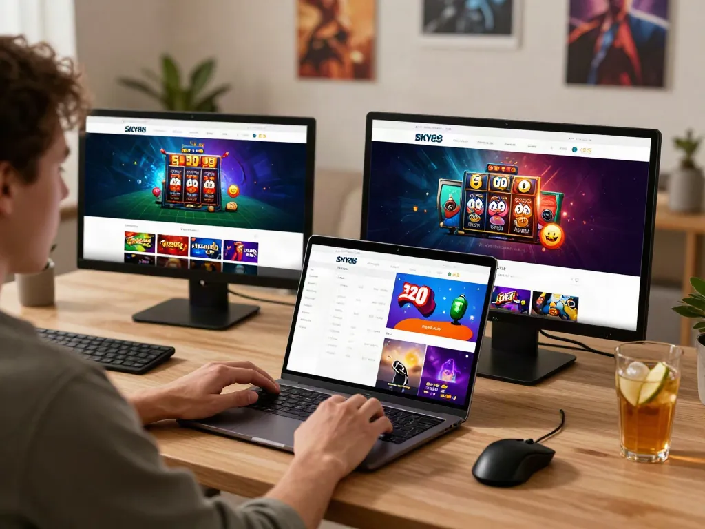 Engaging scene on SKY88 platform showcasing diverse gaming options in a modern workspace.