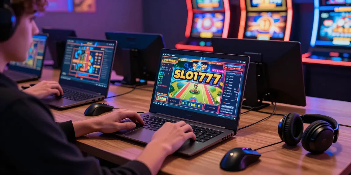 Jogador entretido em Slot777, cercado por acessórios de jogos e gráficos vibrantes.