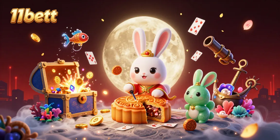 Engage with the exciting world of 11bett as the moon rabbit reveals poker chips from mooncakes, surrounded by vibrant casino elements.