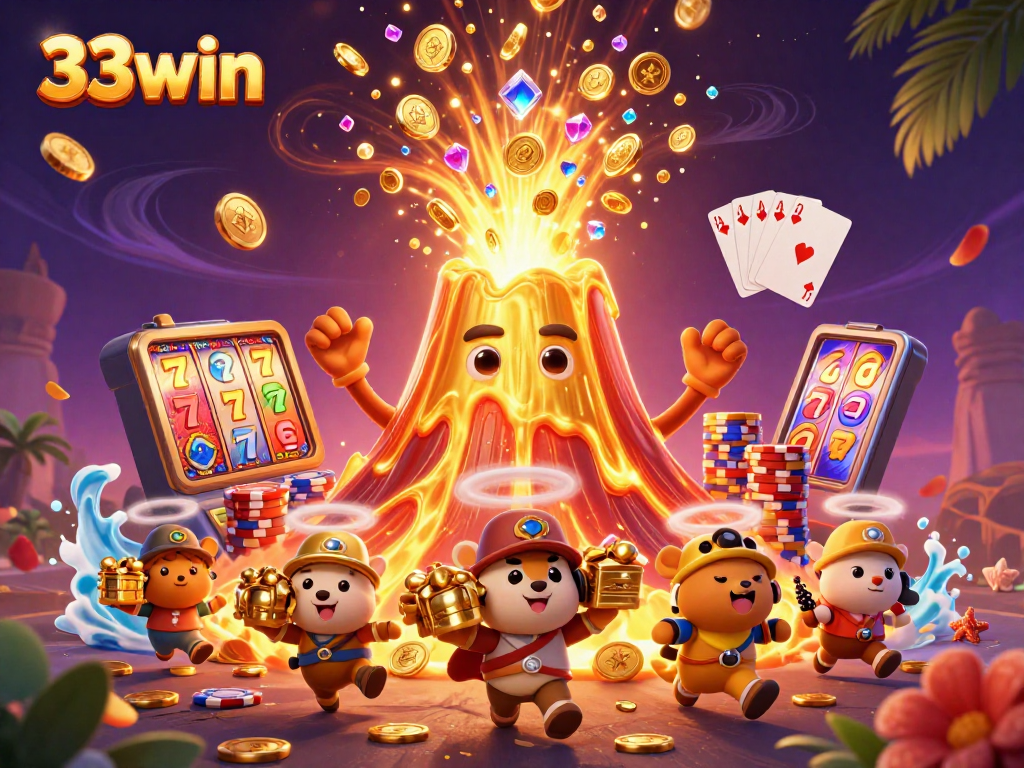 Engage with thrilling 33win gaming moments under a triumphant golden volcano erupting treasure.