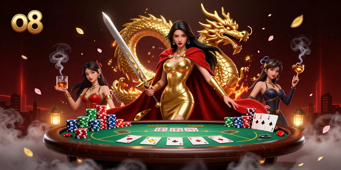 Engage with the vibrant world of o8 casino, featuring a warrior queen holding a sword amidst poker elements.