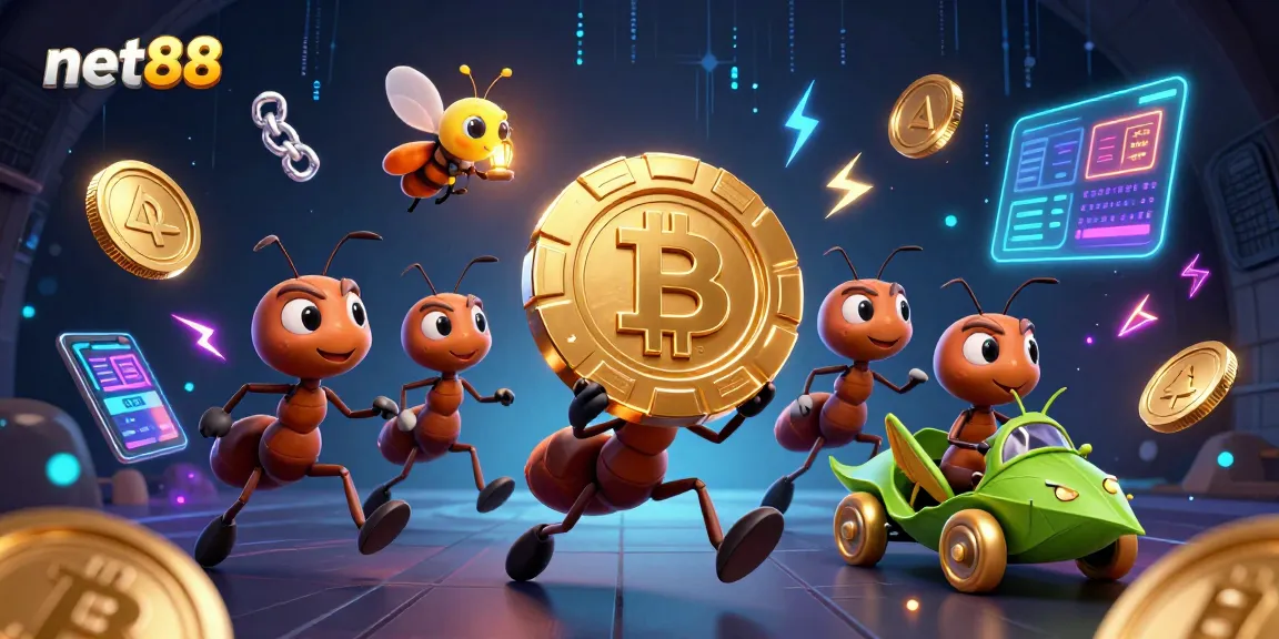 net88 casino heist illustration with ants, poker chip, and crypto elements