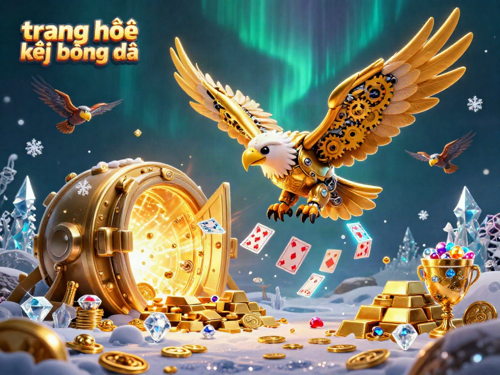 Experience the excitement of trang chủ kết quả bóng đá with a dynamic scene featuring a golden eagle and holographic cards amidst treasure and shimmering gems.