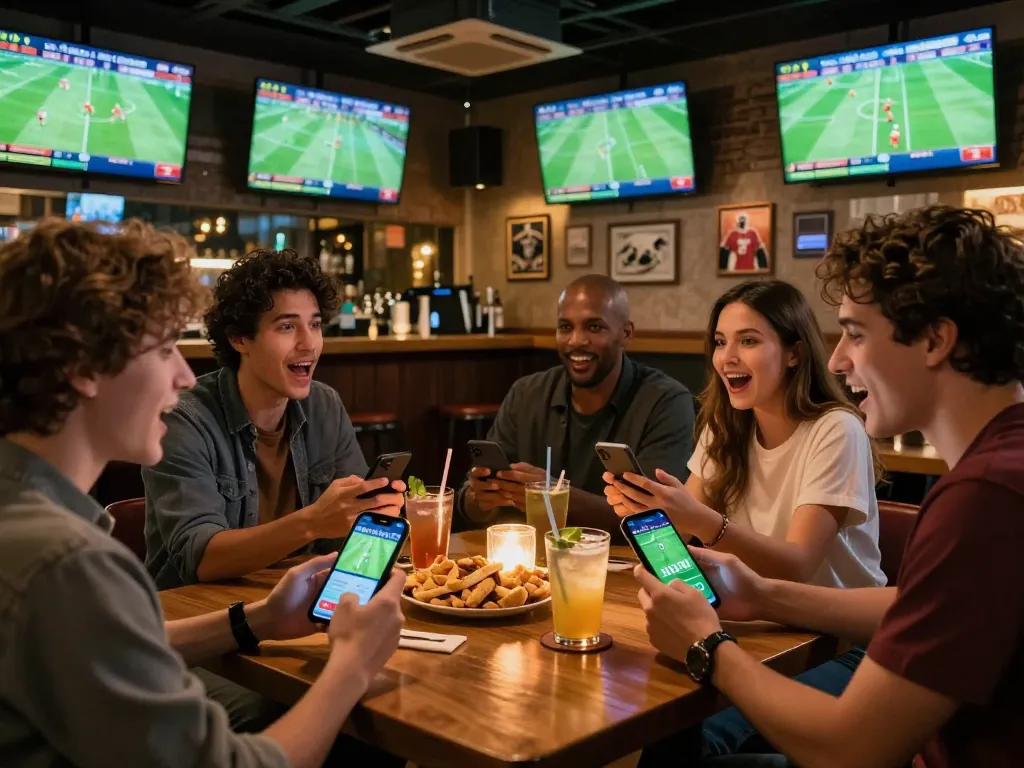 Soi kèo betting strategies in action as friends watch a live game and place bets at a sports bar