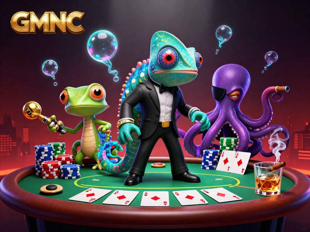 Play poker with the vibrant GMNC characters in a thrilling 3D casino scene.