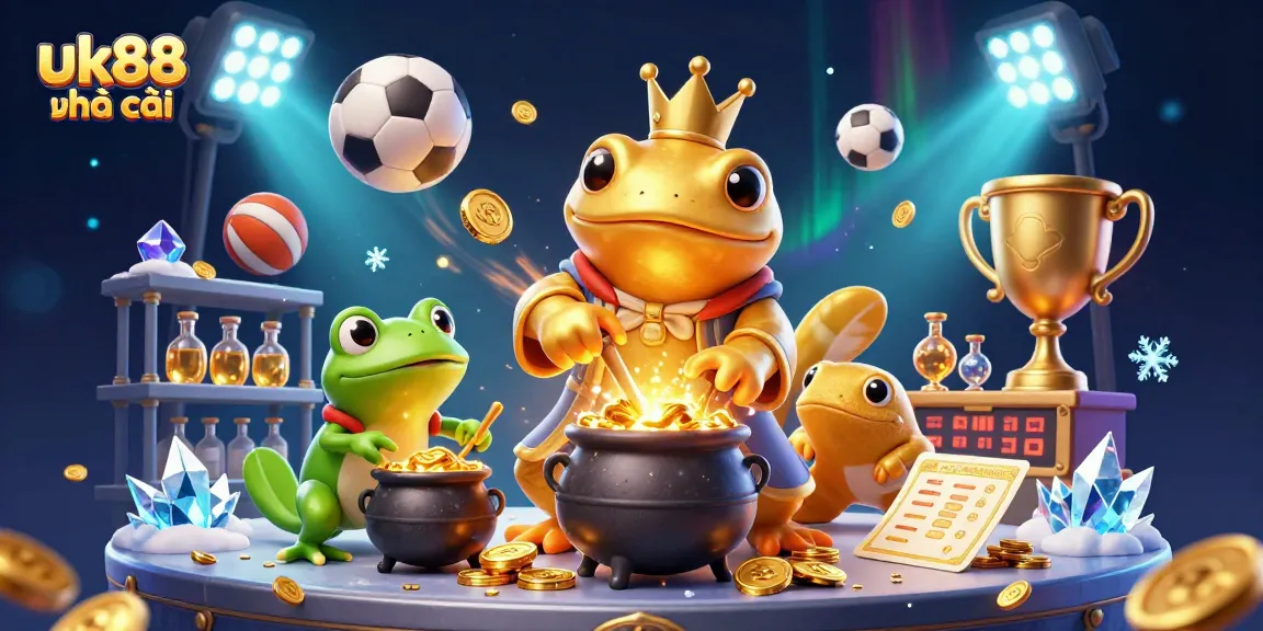 Win big at uk88 nhà cái with a vibrant 3D illustration of an enchanted alchemist's lab.