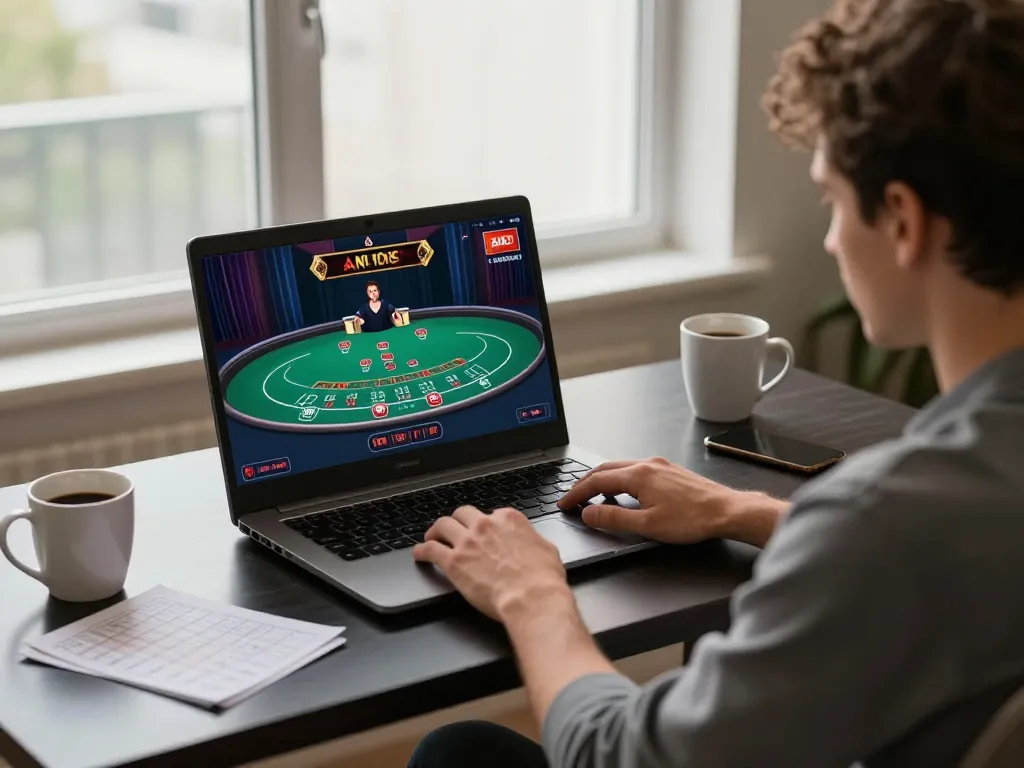 King33 player enjoying a live dealer blackjack game in a sophisticated home gaming setup, showcasing strategic gameplay.