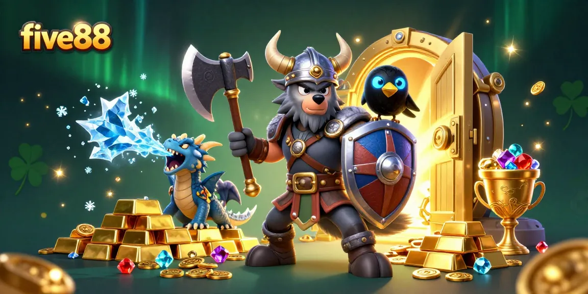 Experience thrilling action at five88 with a Viking warrior, dragon, and treasure in a vibrant casino scene.