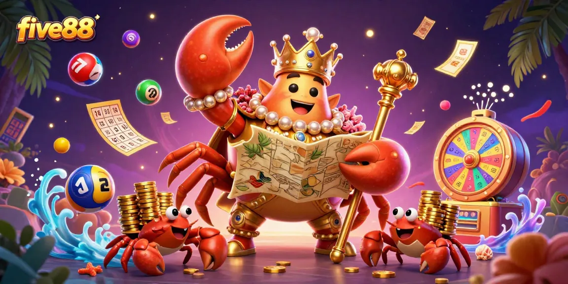 Experience the excitement at five88 with a vibrant scene featuring a golden crab emperor and lottery elements.