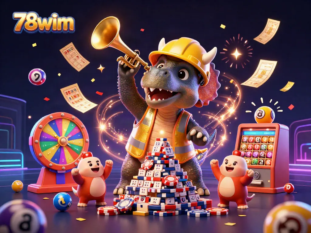 Win big with 78wim in a vibrant casino scene featuring poker chips and lottery elements.