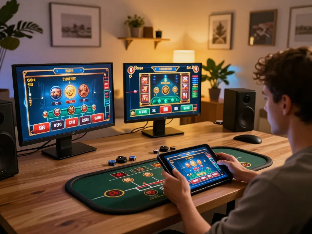 Engaged player enjoying online casino gaming at home with MAY88 app displayed on tablet