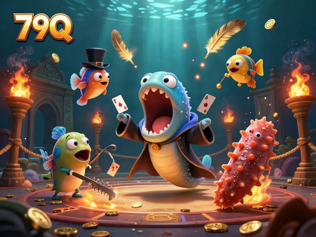Experience the excitement of 79Q with a bioluminescent eel magician amidst a sea of vibrant casino elements.