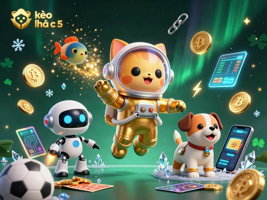 Place bets on kèo nhà cái 5 with vibrant 3D casino illustration showcasing sports and crypto elements.