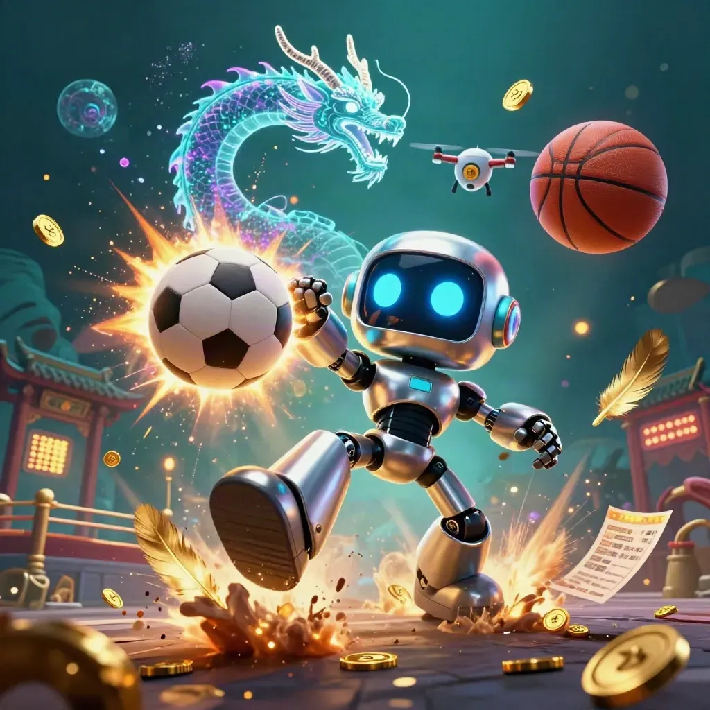Robô cibernético, dragão holográfico e drone entre bolas, moedas e luz neon.