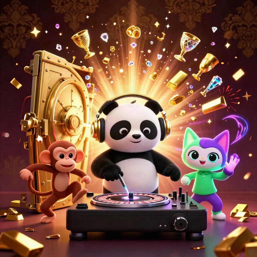Panda DJ, macaco dançarino e gatinho neon diante de um baú dourado explodindo em joias.