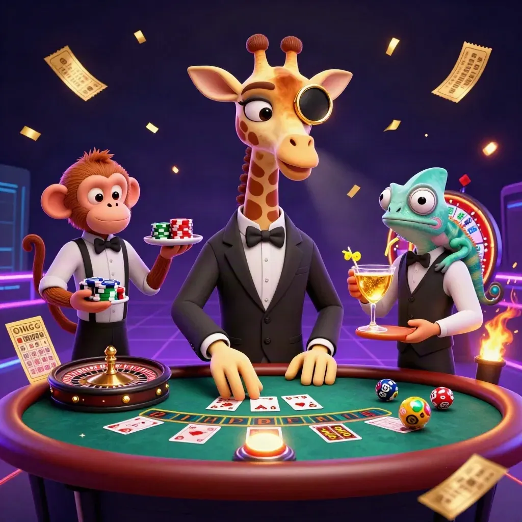 Girafa de terno, macaco e camaleão em mesa VIP com luz neon e fichas douradas.