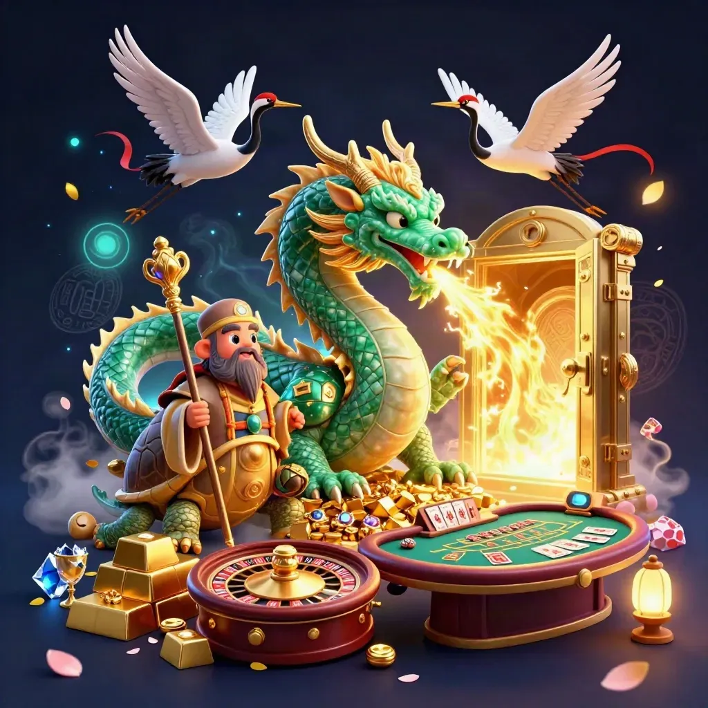 Dragão jade, tartaruga sábia e garças com cofres de ouro e cartas em neon.