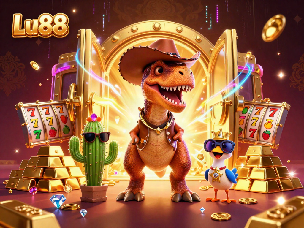 Experience thrilling casino action with Lu88 featuring a vibrant 3D scene of lucky characters and rich elements.