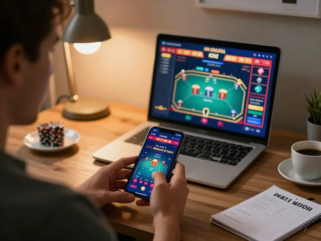 C168 player engaging with a sophisticated casino app on smartphone in a stylish home office.