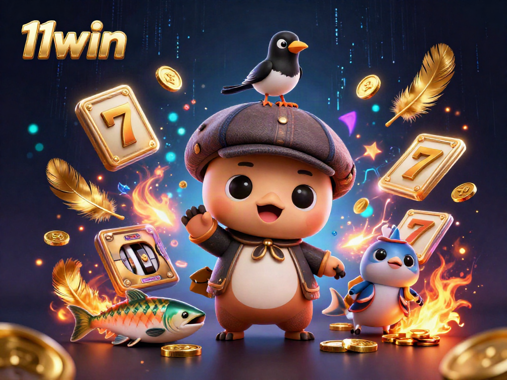 Experience exciting gaming with 11win, featuring cartoon characters amidst golden coins and slot reels.