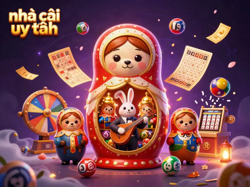 Engaging scene showcasing nhà cái uy tín with bear characters in casino outfits amidst lottery-themed elements