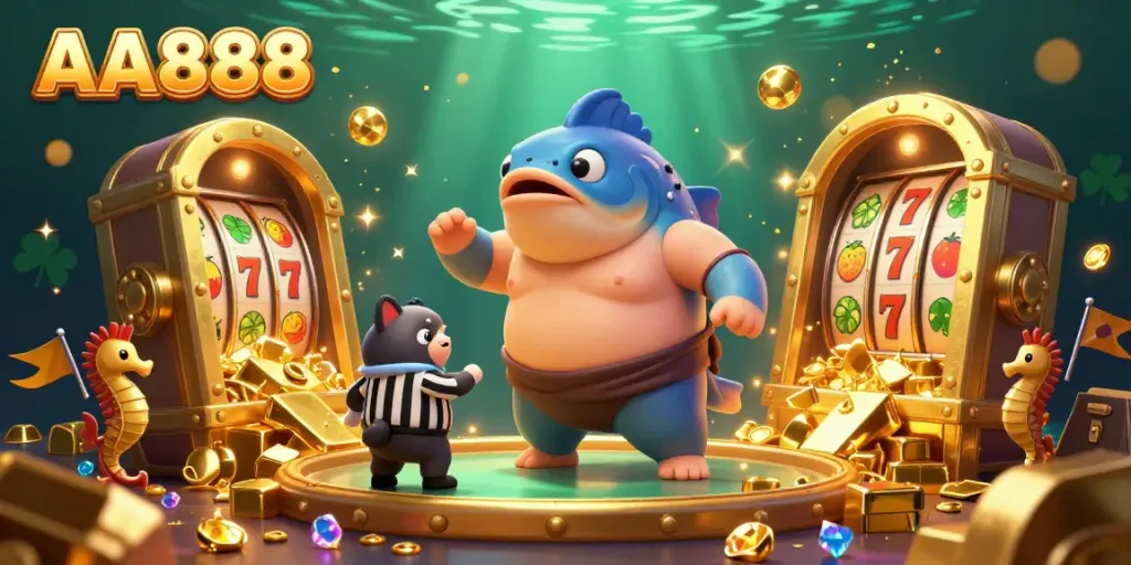 Experience the thrill of AA888 with a dynamic underwater casino scene featuring a playful blowfish and a catfish referee.