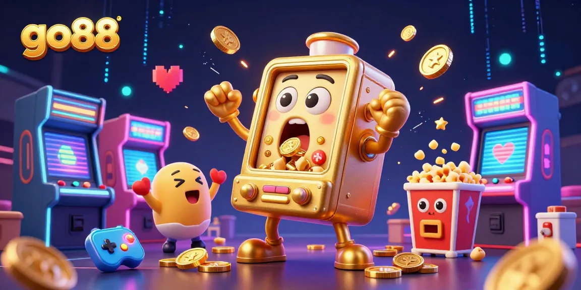 Experience the excitement of go88 with a golden slot machine enjoying a jackpot surrounded by cheering baby slots.