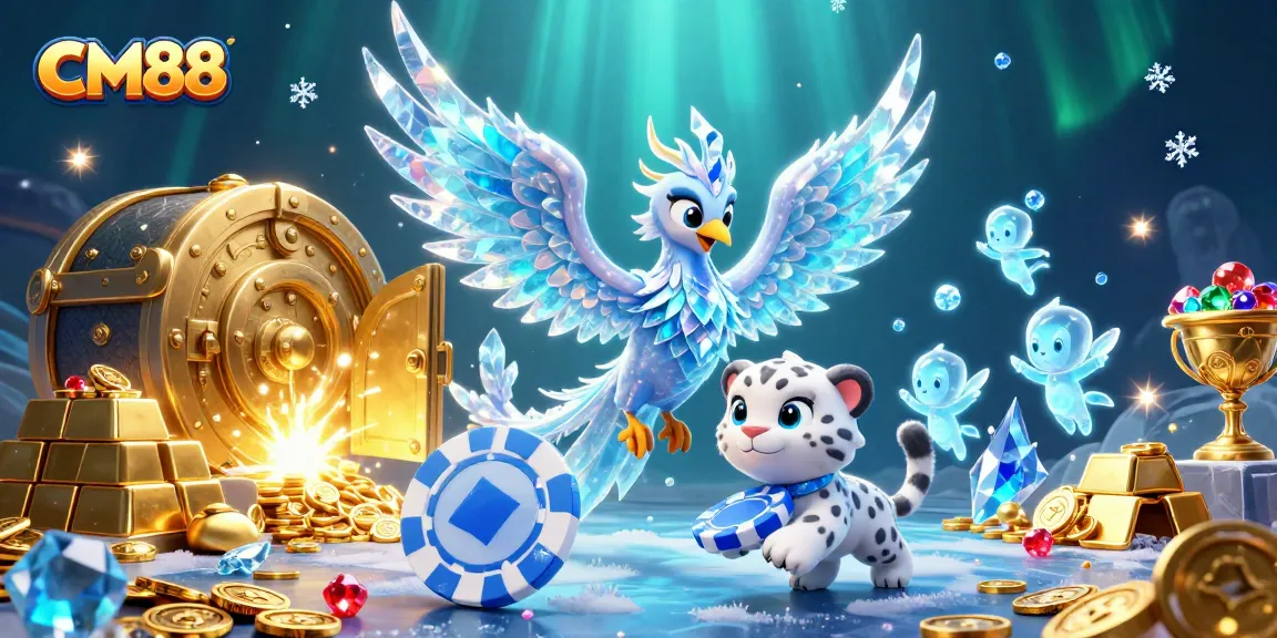 Engage with CM88's vibrant casino world, witnessing a charming ice phoenix and playful snow leopard amidst dazzling treasures.