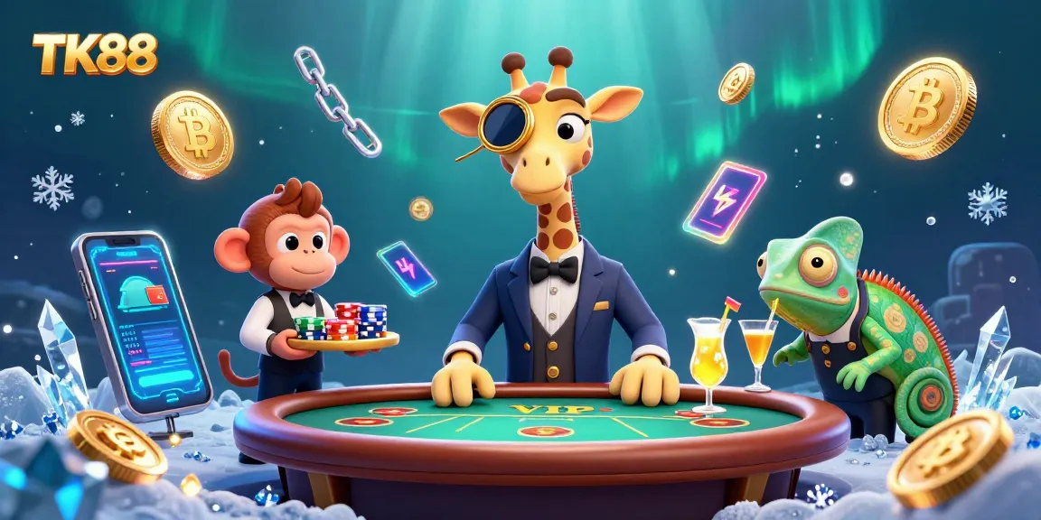 Engage with TK88's vibrant casino atmosphere featuring a giraffe at a poker table with crypto elements.