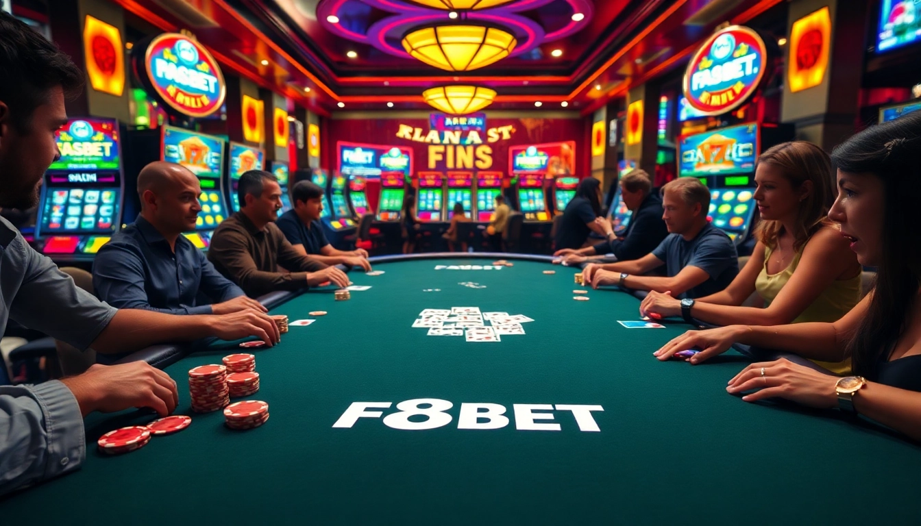 F8BET poker players strategizing at a vibrant casino table with thrilling ambiance.