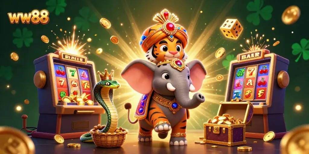Experience the vibrant action of ww88 with a jewel-encrusted elephant and dynamic casino symbols