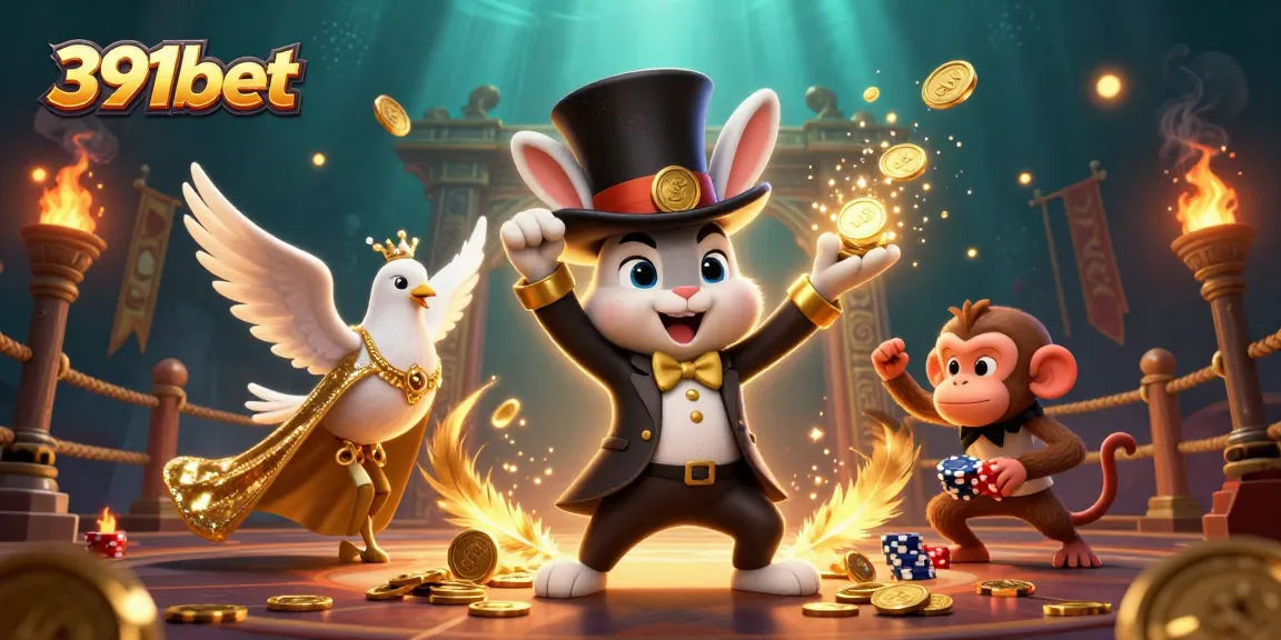 Experience slots excitement at 391bet with a magician rabbit pulling coins and enchanting characters.
