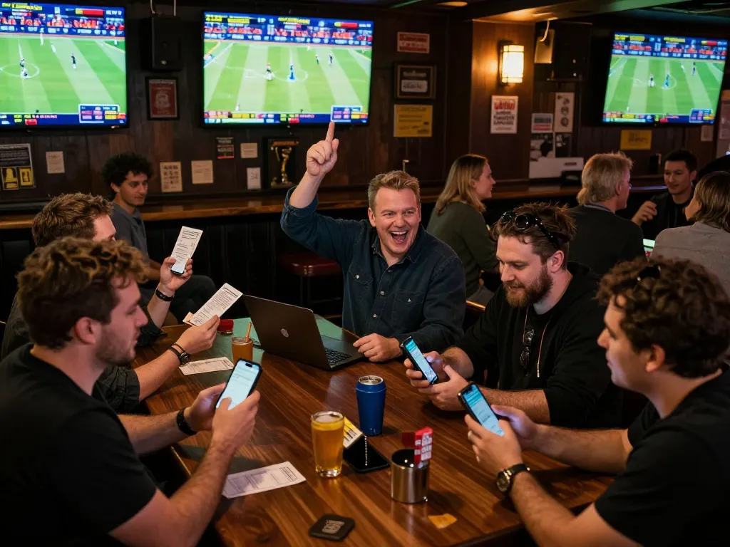Kèo nhà cái hôm nay offers sports betting excitement in a vibrant bar filled with active bettors.
