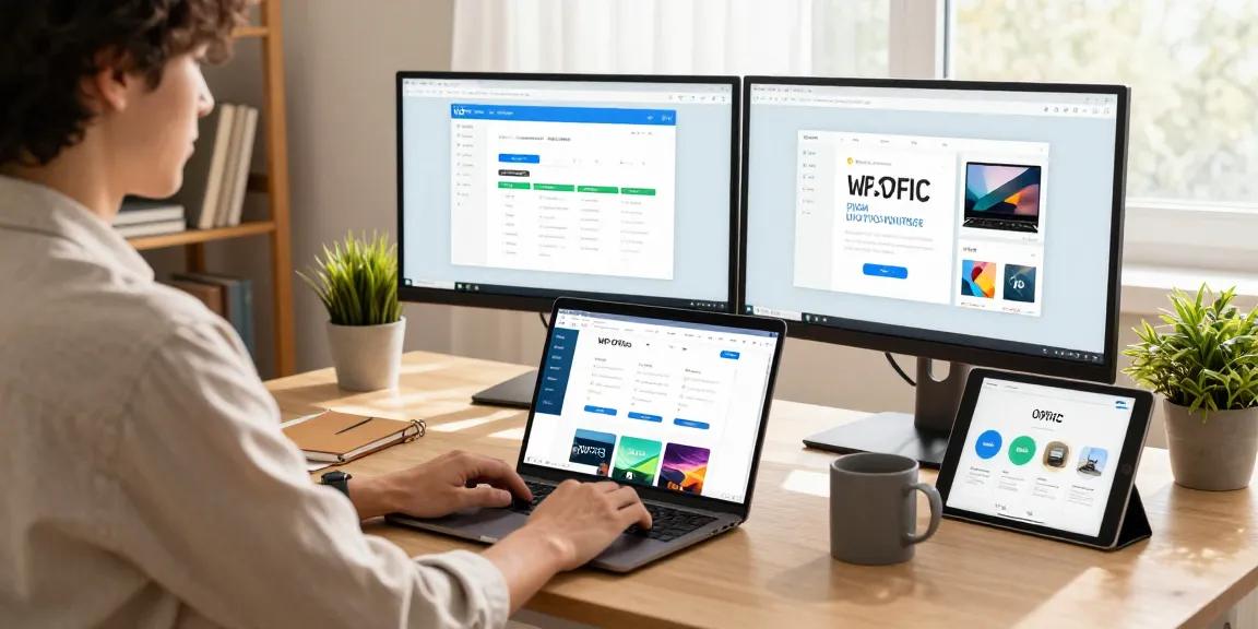 Download WPS Office on a laptop in a modern home office setup with vibrant productivity tools.