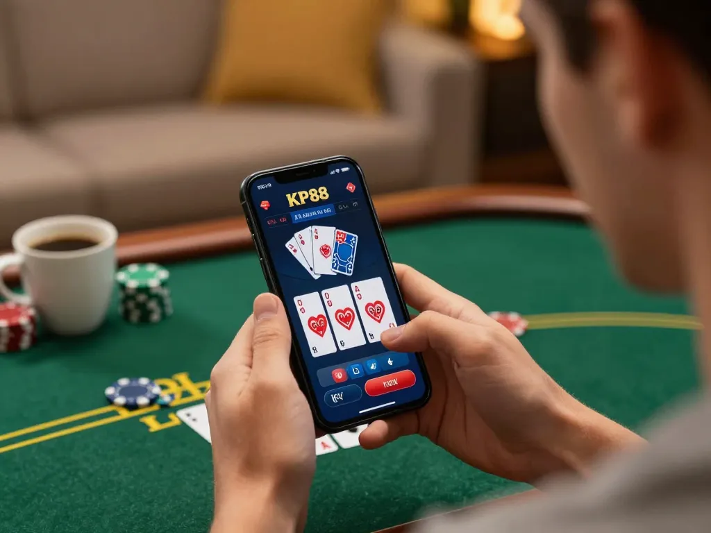 Player enjoying a winning moment on the KP88 casino app, celebrating a live poker hand.