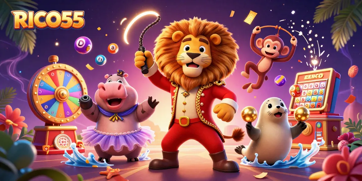 Engage with RICO55's lively casino scene featuring colorful lottery elements and energetic characters.