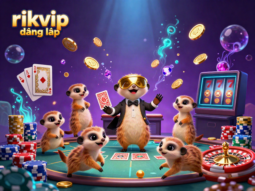 Experience the thrill of rikvip đăng nhập with meerkats in a vibrant casino, showcasing lively gaming action.