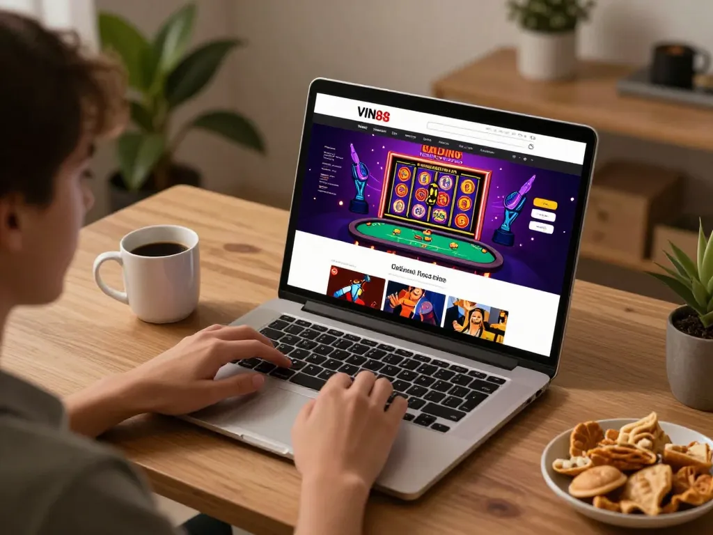 Player engaging with the VIN88 online casino platform, highlighting a cozy online gaming experience.