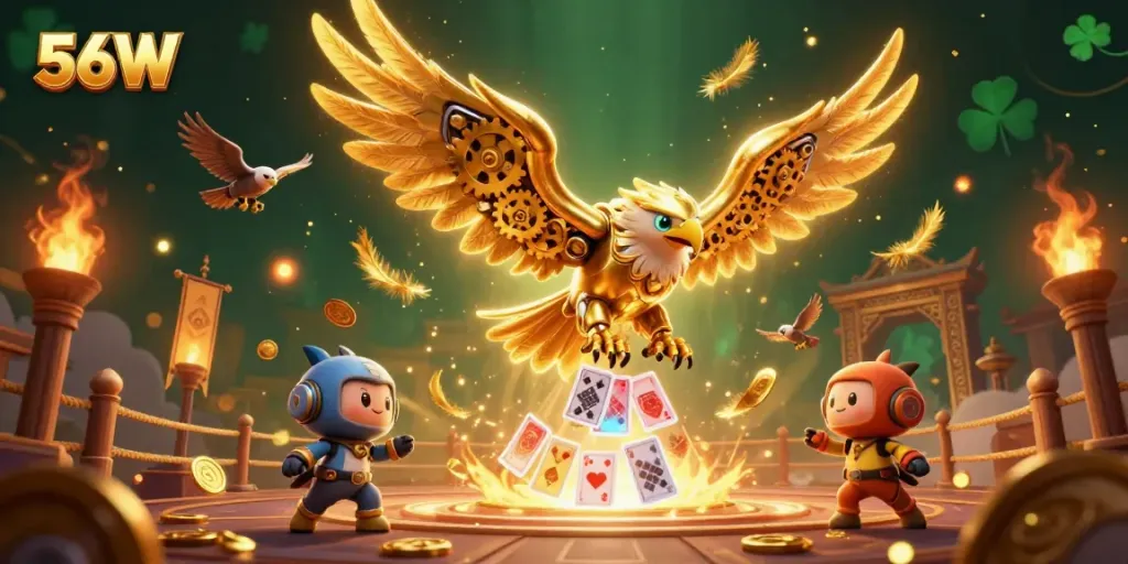 Immerse in the thrill of 56W, where a cybernetic eagle dives through holographic cards amidst dynamic casino elements.