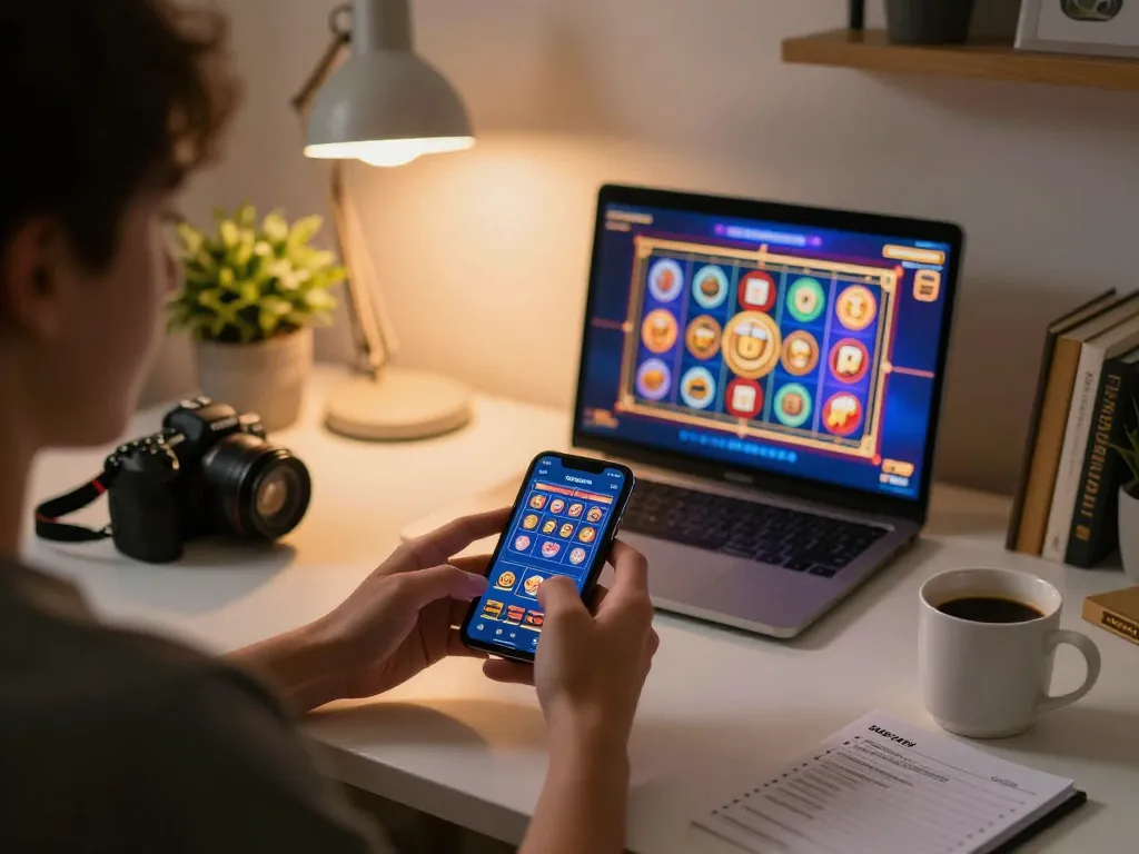 Engaging player enjoying online slots on mobile app with 27G features in a cozy home setting