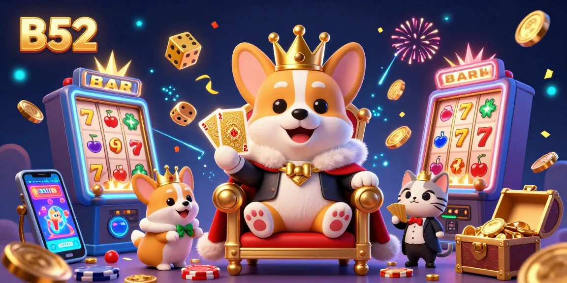 B52 casino scene with a royal corgi on a throne of poker chips, bursting jackpots, and dynamic game elements.