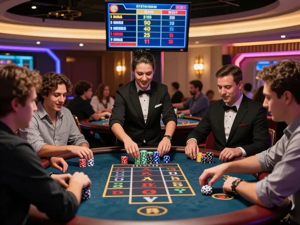 Exciting scene of players enjoying Tài Xỉu MD5 game in modern casino atmosphere, showcasing vibrant colors and joyful interactions.