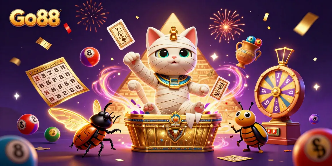 Play exciting games at Go88 featuring a lively Egyptian mummy cat and vibrant casino elements.