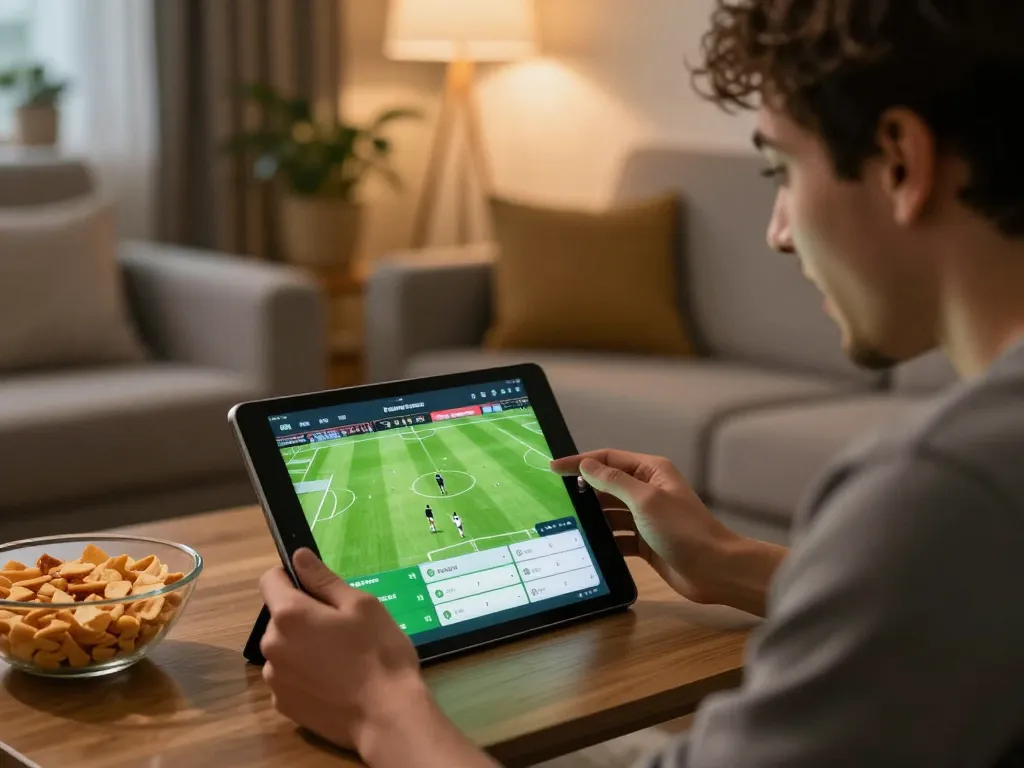 Socolive user enjoying live football streaming while betting from home, showcasing excitement and engagement.