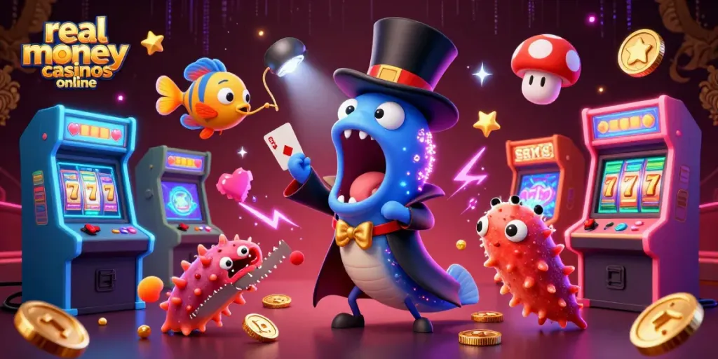 Experience the thrill of real money casinos online with vibrant 3D game characters and magic acts.