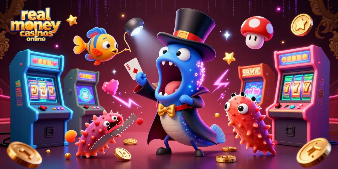 Experience the thrill of real money casinos online with vibrant 3D game characters and magic acts.