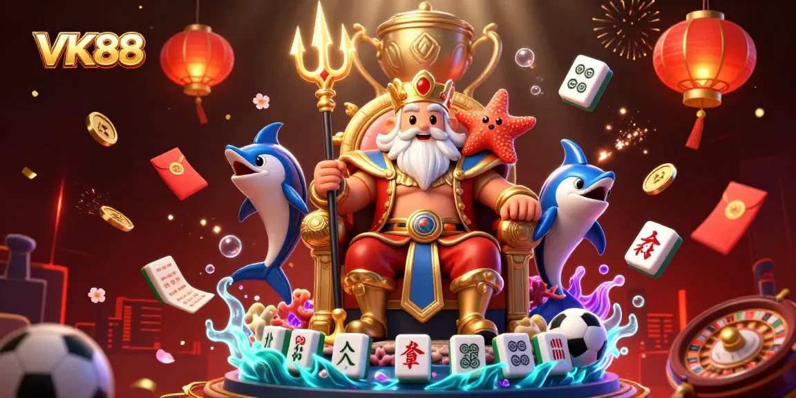 Experience thrilling gameplay at VK88 casino with 3D cartoon sea king Neptune amidst sports betting elements