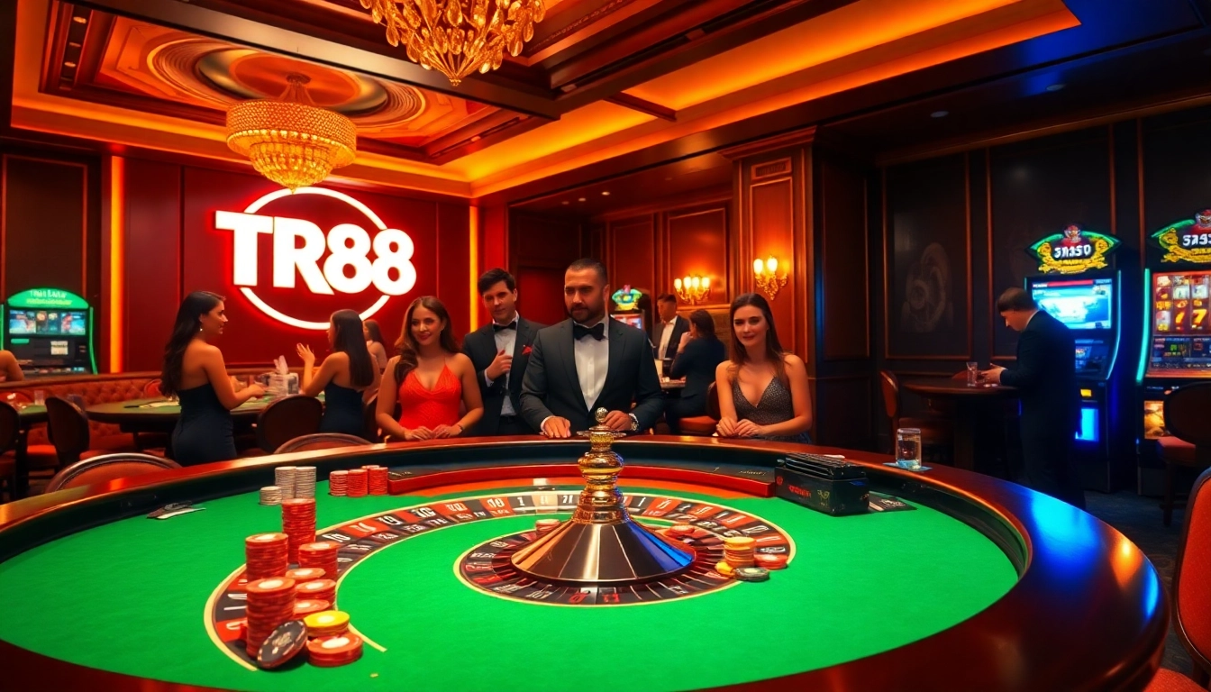 Experience the excitement of TR88 casino games with vibrant scenes of roulette and poker.